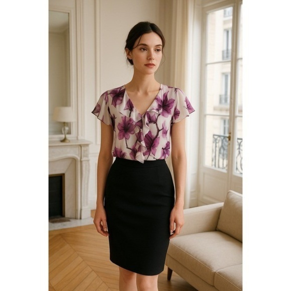 Floral Print Ruffle Blouse White Purple Semi Sheer Elegant Career Top‎